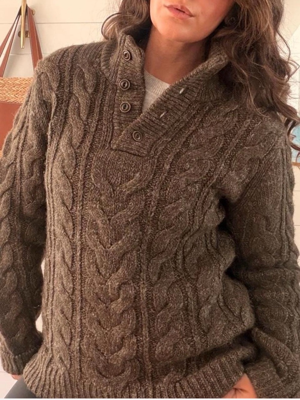 L.L.Bean Signature Men’s M Wool Linen Fisherman Cable Knit Shawl Sweater